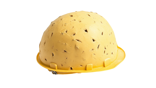 A well-worn, pale-yellow hard hat shows significant impact damage, numerous small dents and scratches across its surface