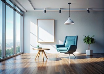 Fototapeta premium Modern Empty Room Drone Photography: 3D Rendered Living Space with Chair & Whiteboard