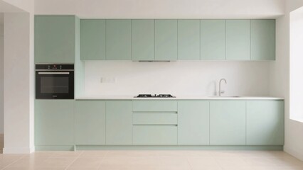 Fototapeta premium Minimalist pastel green kitchen with matte cabinets and beige floor in bright studio lighting