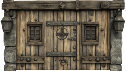 Rustic wooden gate with stone accents, iron hinges, small barred windows, and decorative metalwork