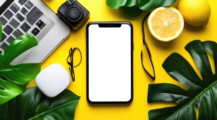 Flat lay of a smartphone surrounded by tropical foliage, laptop, camera, and citrus fruit on a bright yellow background