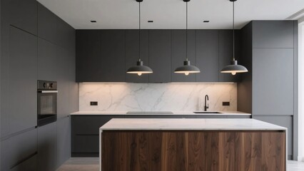 Charcoal grey minimalist kitchen with walnut cabinets and pendant lighting in warm ambiance
