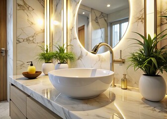 Modern White Round Ceramic Bathroom Sink, Marble Bathroom Design, High Depth of Field Photography