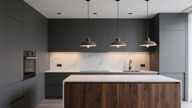 Charcoal grey minimalist kitchen with walnut cabinets and pendant lighting in warm ambiance