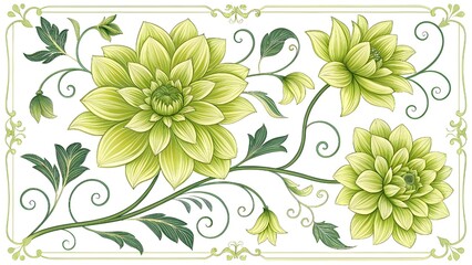 Verdant floral elegance in a decorative frame.Lime green blossoms and swirling foliage create a fresh design.
