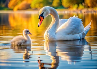 Mute Swan Cygnet Lake Shore Photography - Grey Cygnet and White Swan Wildlife Image