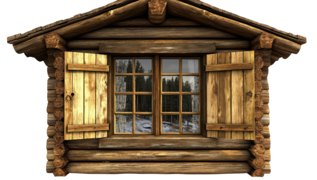 Rustic log cabin window with open shutters revealing a snowy winter scene reflected in the panes