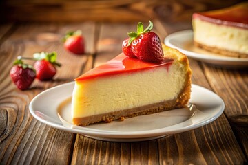 New York Cheesecake, Creamy Dessert, White Plate, Wooden Background, High Depth of Field, Delicious Pastry, Sweet Treat, Bakery, Food Photography