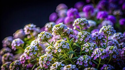 Night Bloom: Alyssum Garden Photography, Low Light Flower, Purple White Sweet Alyssum, Night Garden Scene
