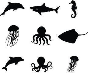 Ocean Animal Silhouettes  Sea Life Vector Icons for Marine and Nautical Design