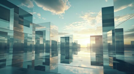 Glass-walled city at sunset.  Perspective view of a futuristic city with rectangular, reflective glass structures.  Sunrise/sunset light casts a warm glow.  Calm, serene atmosphere