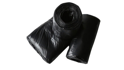 Three rolls of black plastic trash bags, tightly wound, sit on a black background