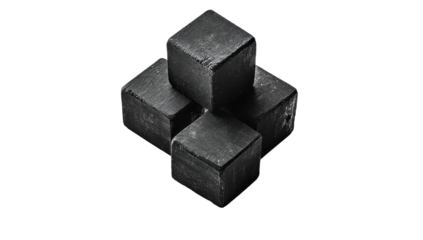 Four dark grey cubes intersect centrally, forming a cross-like, three-dimensional structure against a black background