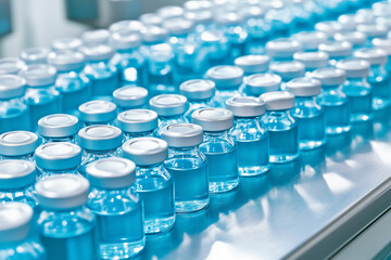 Obraz premium Rows of blue liquid vials on a shiny metal surface in a laboratory setting for medical research