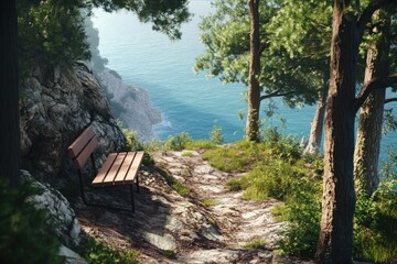 Coastal path winds through a lush forest, leading to a tranquil overlook. A wooden bench sits invitingly on the path