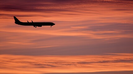 Fototapeta premium Passenger airplane against sunset sky, journey into vibrant horizons