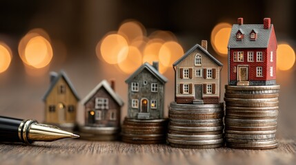 Real Estate Investment: Miniature Houses on Stacks of Coins