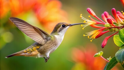 Fototapeta premium Hummingbird sipping nectar from honeysuckle flower, insect photography, hummingbird