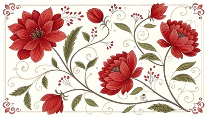 A vibrant display of floral elegance.Red blossoms intertwine in a decorative pattern.