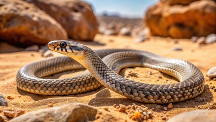 Fototapeta premium Daboia palaestinae slithering through the dirt in sandy terrain with rocky outcrops, ground, geology, ground, geology