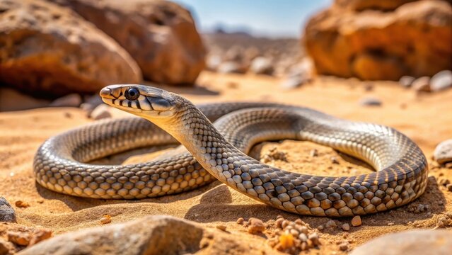 Daboia palaestinae slithering through the dirt in sandy terrain with rocky outcrops, ground, geology,  ground, geology