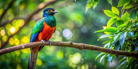 Obraz premium Majestic bird sitting proudly on a sturdy tree branch amidst a lush green canopy, highlighting its striking plumage and serene expression, avian, outdoors