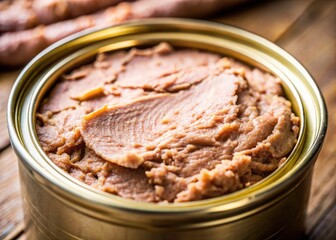 Open Can of Pate, Canned Pate, Pate in a Can, Aluminum Can Pate, Delicious Pate,  Food Photography, Candid Food Photo, Close-up Pate,  High-Resolution Pate Image, Stock Photo Pate
