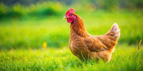 Fototapeta premium A free-range chicken scratching in the dirt with bugs and worms on a lush green grassy field, countryside