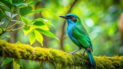 Obraz premium Teal bird perched on a branch of a tropical tree with vibrant green leaves, green foliage