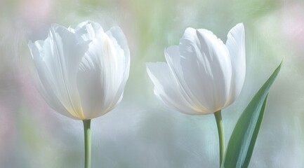Fototapeta premium Two pale white tulips, soft focus