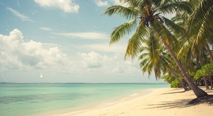 Vintage Tropical Beach Scene with Film Grain and Sun Flare
