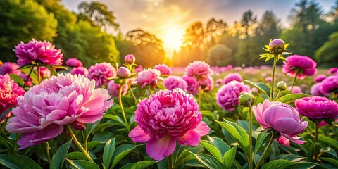 Fototapeta premium Panoramic Peony Park Bloom: Stunning Spring Flowers Landscape Photography