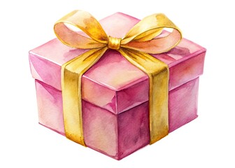 Obraz premium Panoramic Watercolor Pink Gift Box Golden Ribbon White Background - Whimsical Birthday Present Illustration