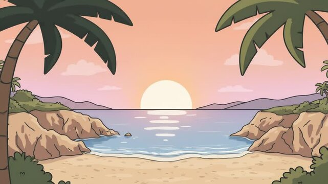 Tropical Beach Sunset Cartoon Illustration