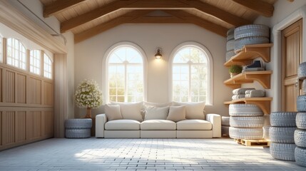 Bright Garage Interior Design  Modern Sofa  Wooden Shelves  Tires  Sunlight