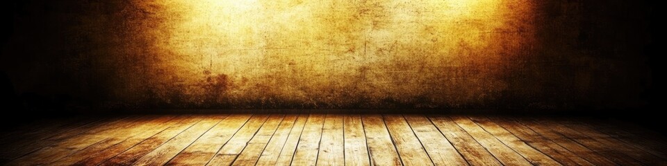 A dimly lit room with a wooden floor and a textured wall in the background