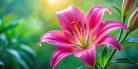 Fototapeta premium Pink Lily Close Up, Blooming Pink Lily Flower Macro Photography, Beautiful Pink Lilies, Floral Photography, Lily Bloom