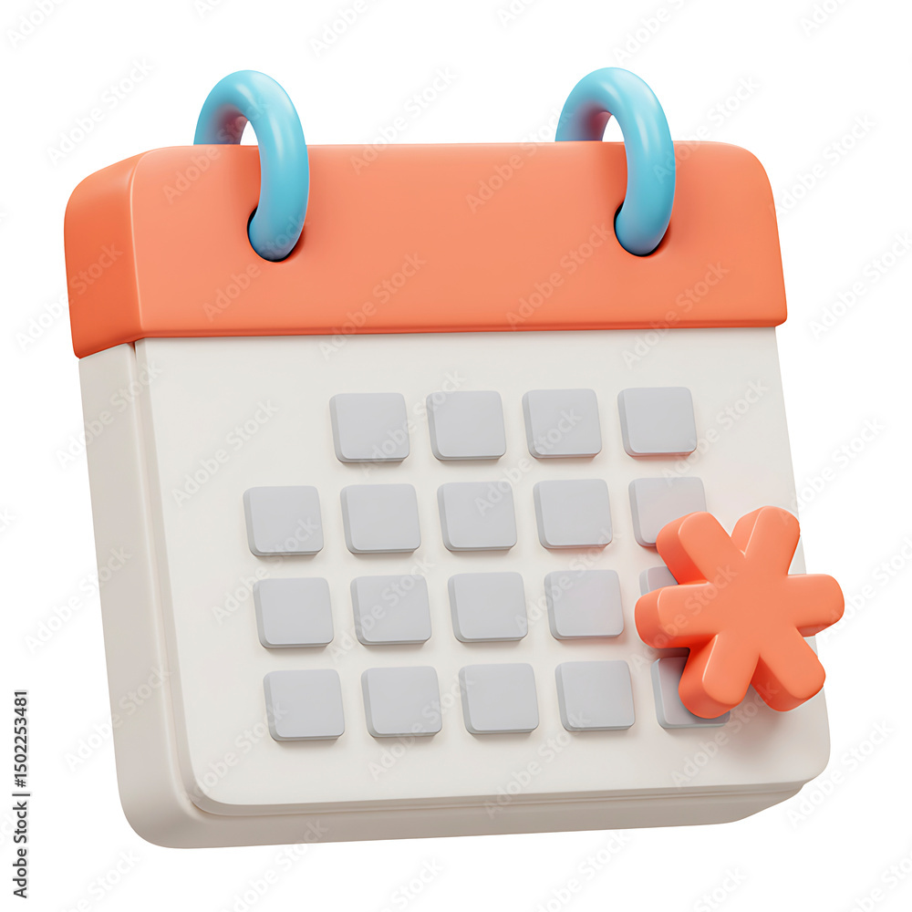 Poster 3d rendered calendar with asterisk shape, illustrating schedule or important event reminder