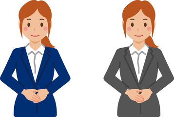 手を前で重ねて立つポニーテールの若い女性。スーツ姿の上半身