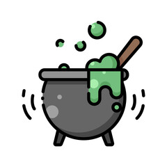 Cauldron with green potion and wooden spoon Halloween icon. Suitable for Halloween designs, witchcraft themes, spooky illustrations, and magical concepts.