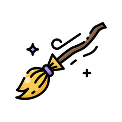 Halloween ion Flying yellow broom in sky, perfect for Halloween and magical themed designs, children's books, and seasonal decorations. Great for playful designs.