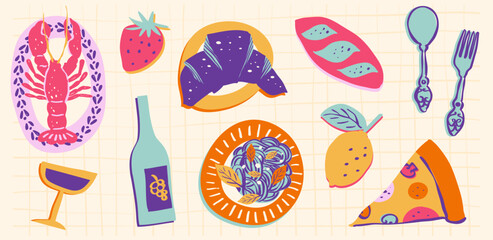Mediterranean Hand Drawn Italy Food Lunch Breakfast Healthy and Tasty Sea Food Vector Illustration Pasta, Crab, Olive, Lobster, Lemon. Dolce Vita