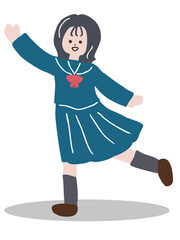 片手を上げている笑顔の女子学生のキャラクター