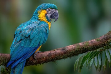 Fototapeta premium Stunning Blue and Yellow Macaw Perched on a Branch in a Lush Green Environment Showcasing Vibrant Feathers and Beautiful Colors in Nature