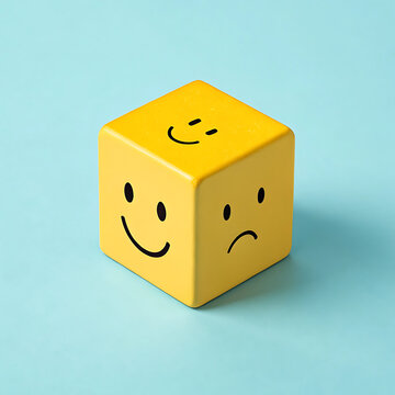 Choosing a Positive mindset, Sadness turns into a smile, Concept, Yellow brick with painted human emotions, pastel blue background, Changing bad attitudes into good