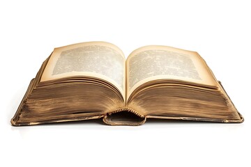 Ancient Open Book Showing Text Pages, Vintage Aesthetic on White Background