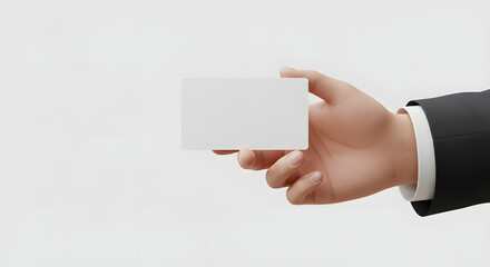 A close-up image of a businessman's hand gracefully presenting a clean, blank business card, perfect for adding your own text or logo.
