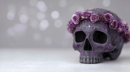 Ornate Skull with Purple Flowers  Dark Art  Gothic Decor  Halloween Still Life