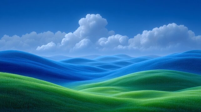 Serene Rolling Hills Landscape  Blue Green Meadow  Sky  Clouds