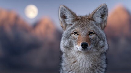 Fototapeta premium Majestic Coyote Portrait Full Moon Desert Landscape